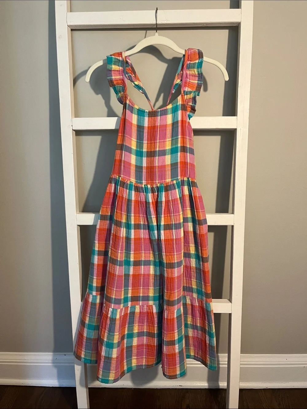 Gymboree Pink, Orange, Yellow & Teal Plaid Ruffle Strap Dress